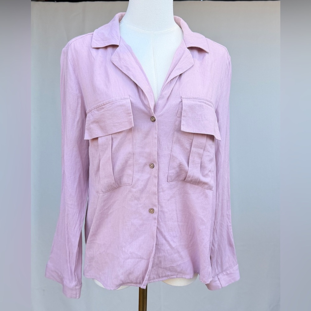 Timing Pink‎ Linen Blend Button Down Blouse L